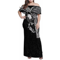 Hawaiian Manta Ray Tribal Family Matching Off Shoulder Maxi Dress and Hawaiian Shirt Polynesian Art Motifs Black Color LT03 Mom's Dress Black - Polynesian Pride