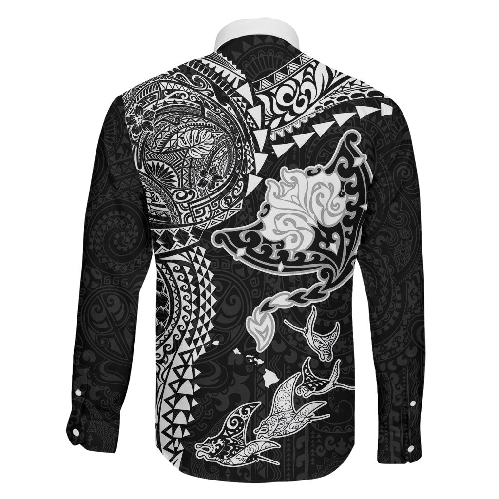 Hawaiian Manta Ray Tribal Family Matching Off Shoulder Short Dress and Hawaiian Shirt Polynesian Art Motifs Black Color LT03 - Polynesian Pride
