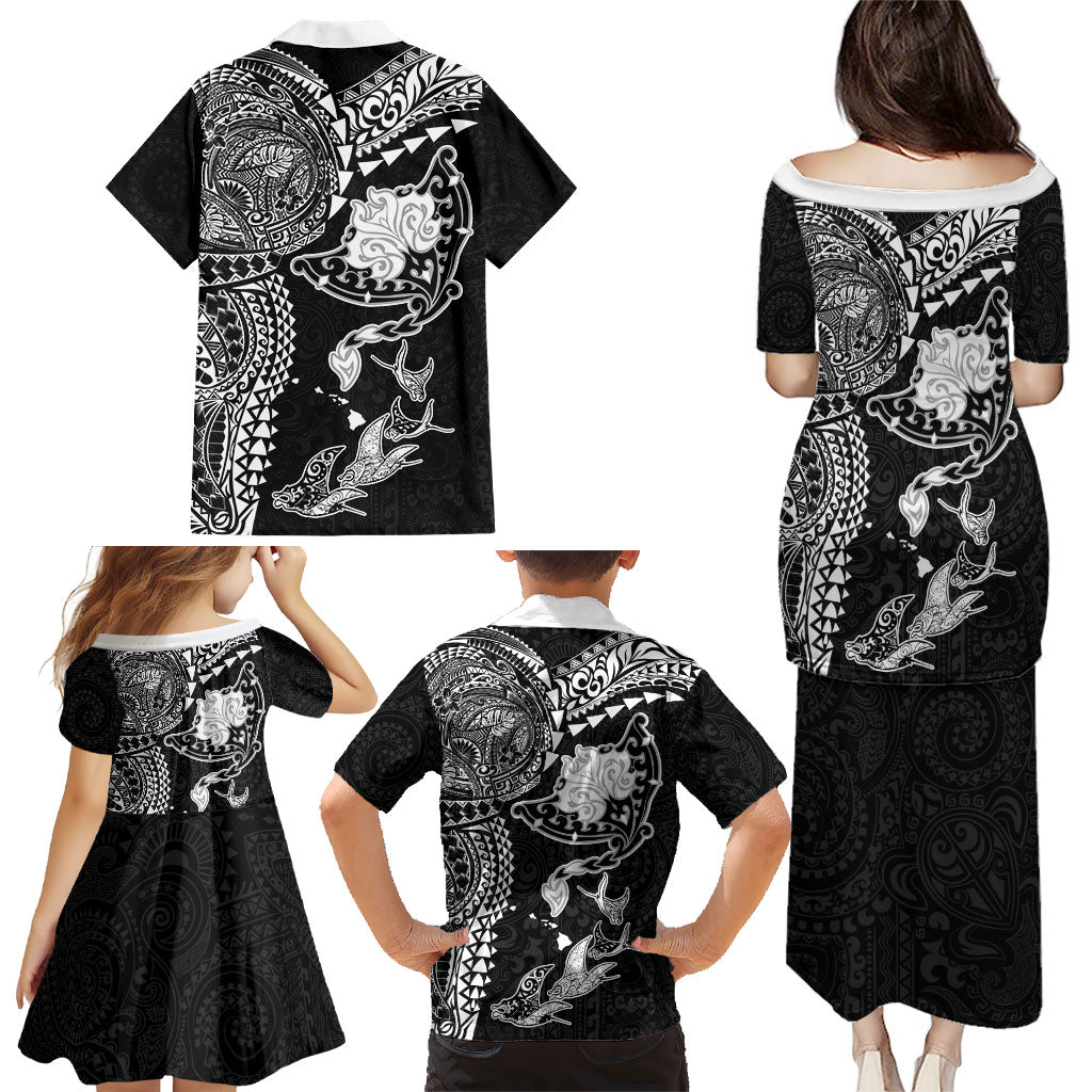 Hawaiian Manta Ray Tribal Family Matching Puletasi and Hawaiian Shirt Polynesian Art Motifs Black Color LT03 - Polynesian Pride