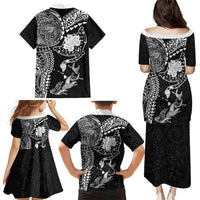 Hawaiian Manta Ray Tribal Family Matching Puletasi and Hawaiian Shirt Polynesian Art Motifs Black Color LT03 - Polynesian Pride
