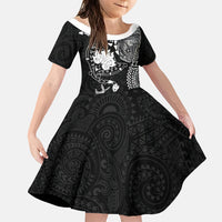 Hawaiian Manta Ray Tribal Family Matching Short Sleeve Bodycon Dress and Hawaiian Shirt Polynesian Art Motifs Black Color LT03 Daughter's Dress Black - Polynesian Pride