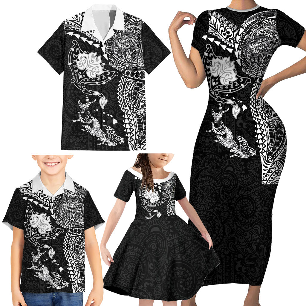 Hawaiian Manta Ray Tribal Family Matching Short Sleeve Bodycon Dress and Hawaiian Shirt Polynesian Art Motifs Black Color LT03 - Polynesian Pride