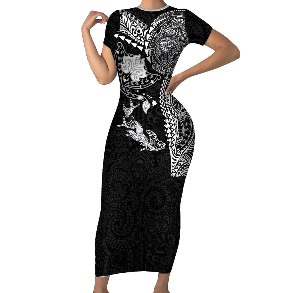 Hawaiian Manta Ray Tribal Family Matching Short Sleeve Bodycon Dress and Hawaiian Shirt Polynesian Art Motifs Black Color LT03 Mom's Dress Black - Polynesian Pride