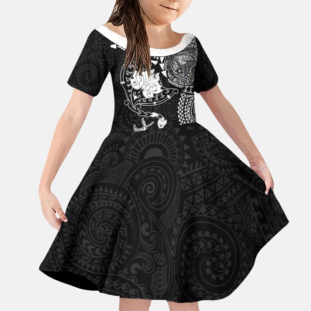 Hawaiian Manta Ray Tribal Family Matching Summer Maxi Dress and Hawaiian Shirt Polynesian Art Motifs Black Color LT03 Daughter's Dress Black - Polynesian Pride