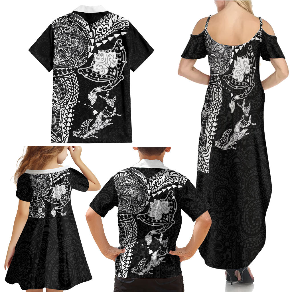 Hawaiian Manta Ray Tribal Family Matching Summer Maxi Dress and Hawaiian Shirt Polynesian Art Motifs Black Color LT03 - Polynesian Pride