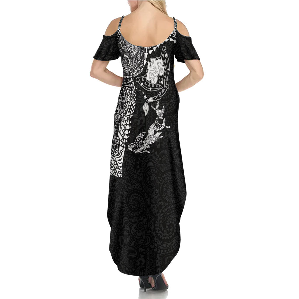 Hawaiian Manta Ray Tribal Family Matching Summer Maxi Dress and Hawaiian Shirt Polynesian Art Motifs Black Color LT03 - Polynesian Pride