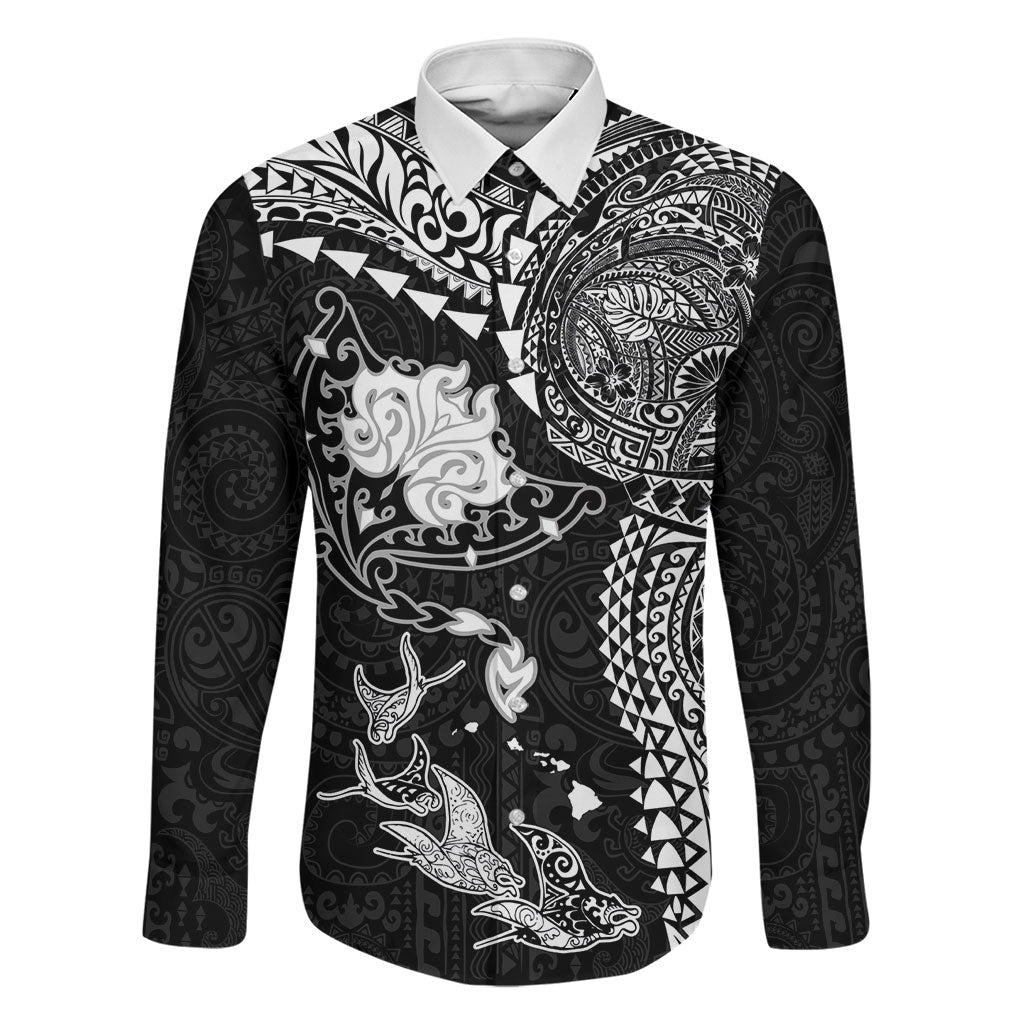 Hawaiian Manta Ray Tribal Family Matching Tank Maxi Dress and Hawaiian Shirt Polynesian Art Motifs Black Color LT03 Dad's Shirt - Long Sleeve Black - Polynesian Pride