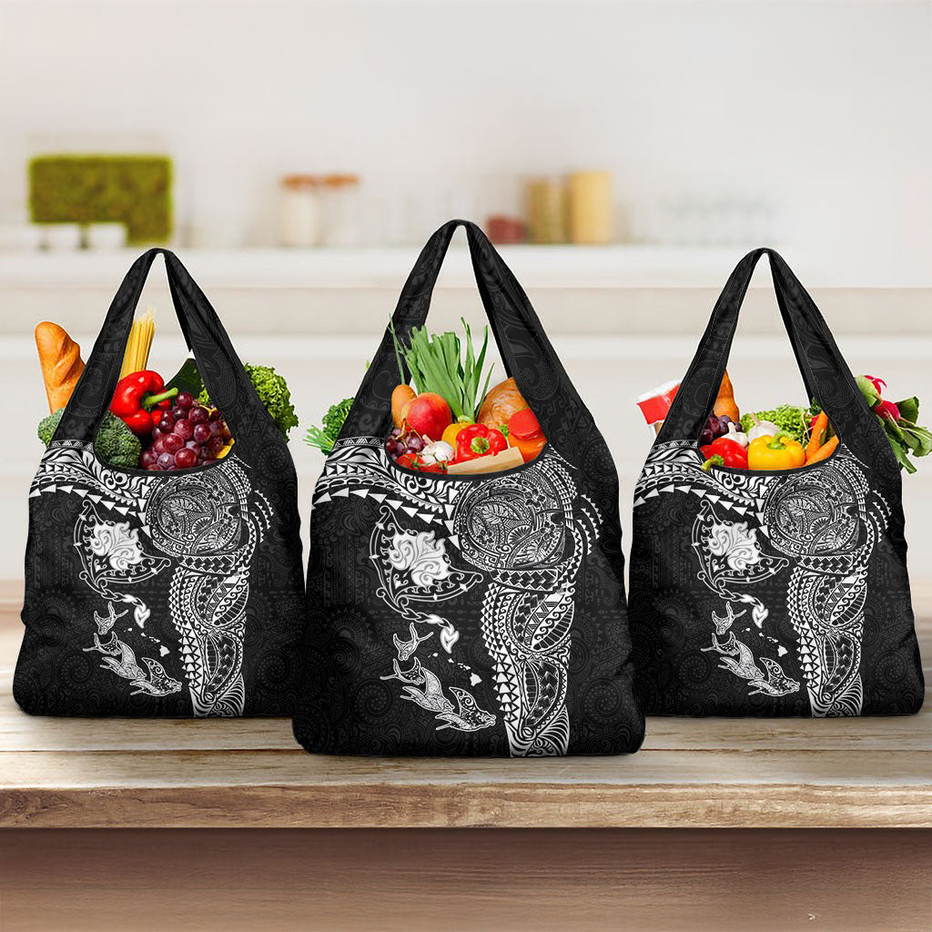 Hawaiian Manta Ray Tribal Grocery Bag Polynesian Art Motifs Black Color