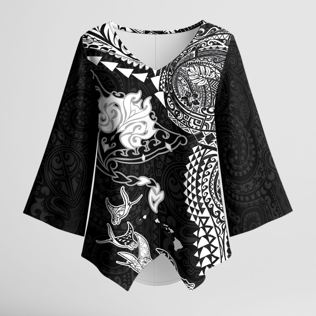 Hawaiian Manta Ray Tribal Kimono Sleeve Blouse Polynesian Art Motifs Black Color