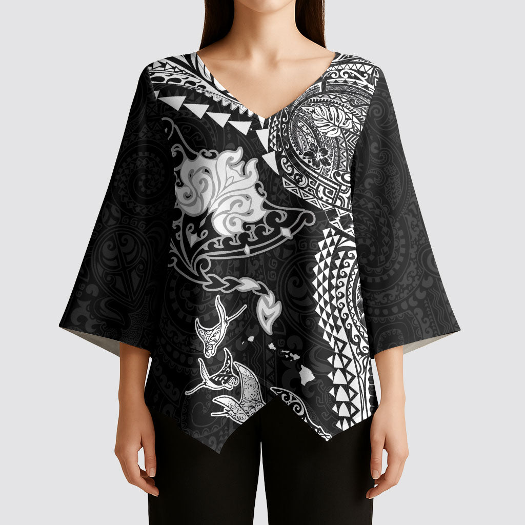 Hawaiian Manta Ray Tribal Kimono Sleeve Blouse Polynesian Art Motifs Black Color