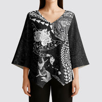 Hawaiian Manta Ray Tribal Kimono Sleeve Blouse Polynesian Art Motifs Black Color