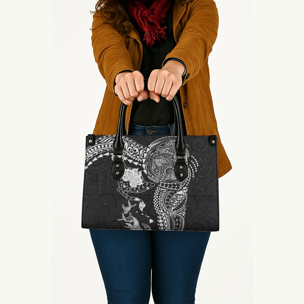 Hawaiian Manta Ray Tribal Leather Bag Polynesian Art Motifs Black Color