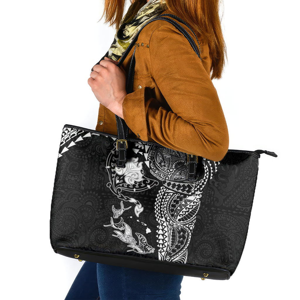 Hawaiian Manta Ray Tribal Leather Tote Bag Polynesian Art Motifs Black Color