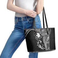 Hawaiian Manta Ray Tribal Leather Tote Bag Polynesian Art Motifs Black Color