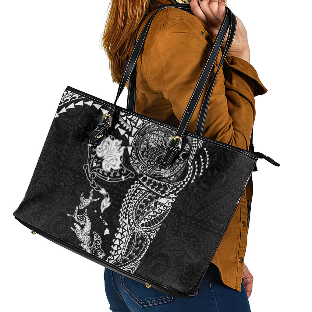 Hawaiian Manta Ray Tribal Leather Tote Bag Polynesian Art Motifs Black Color