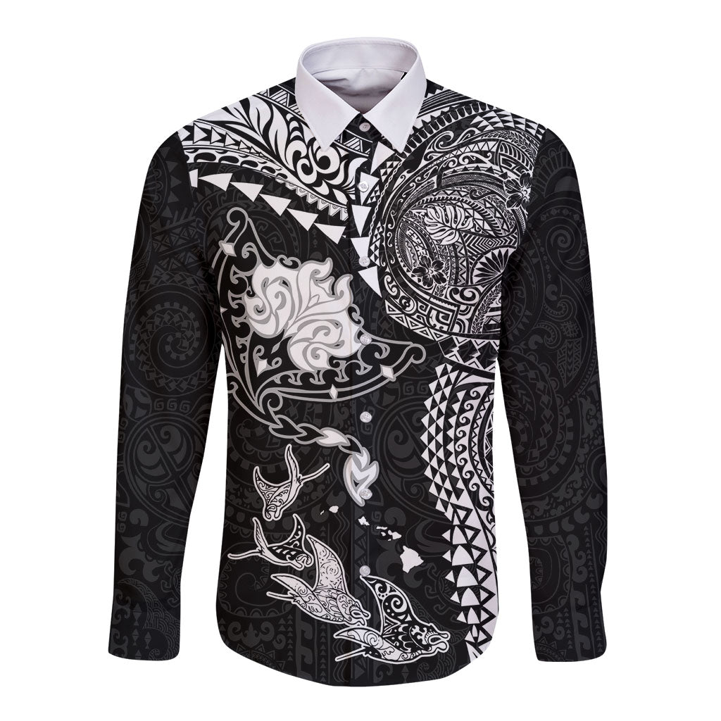 Hawaiian Manta Ray Tribal Long Sleeve Button Shirt Polynesian Art Motifs Black Color