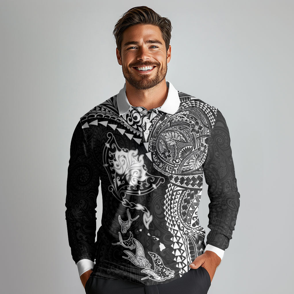Hawaiian Manta Ray Tribal Long Sleeve Polo Shirt Polynesian Art Motifs Black Color