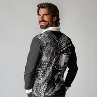 Hawaiian Manta Ray Tribal Long Sleeve Polo Shirt Polynesian Art Motifs Black Color