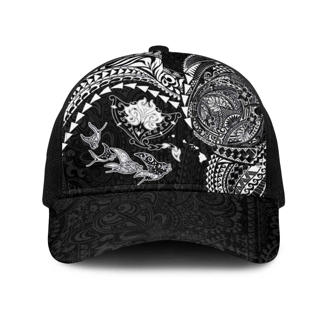 Hawaiian Manta Ray Tribal Mesh Trucker Cap Polynesian Art Motifs Black Color