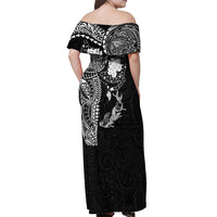 Hawaiian Manta Ray Tribal Off Shoulder Maxi Dress Polynesian Art Motifs Black Color
