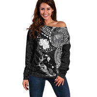 Hawaiian Manta Ray Tribal Off Shoulder Sweater Polynesian Art Motifs Black Color