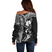 Hawaiian Manta Ray Tribal Off Shoulder Sweater Polynesian Art Motifs Black Color