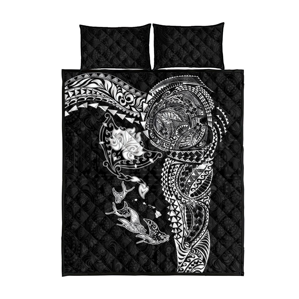 Hawaiian Manta Ray Tribal Quilt Bed Set Polynesian Art Motifs Black Color