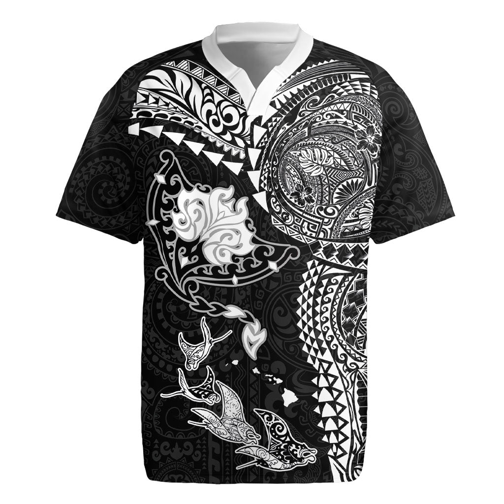 Hawaiian Manta Ray Tribal Rugby Jersey Polynesian Art Motifs Black Color