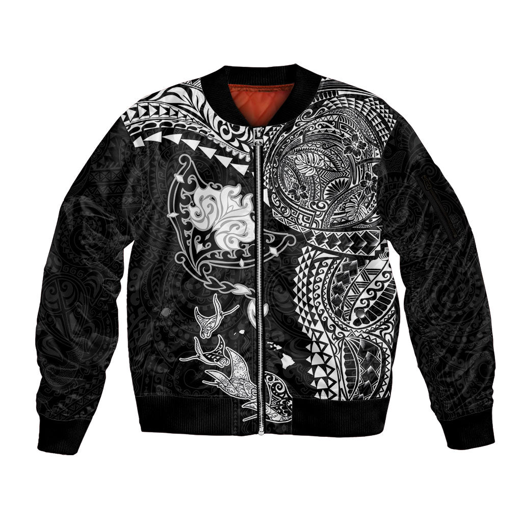 Hawaiian Manta Ray Tribal Sleeve Zip Bomber Jacket Polynesian Art Motifs Black Color