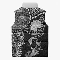 Hawaiian Manta Ray Tribal Sleeveless Puffer Jacket Polynesian Art Motifs Black Color
