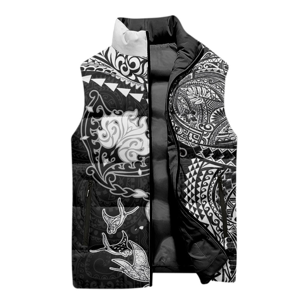 Hawaiian Manta Ray Tribal Sleeveless Puffer Jacket Polynesian Art Motifs Black Color