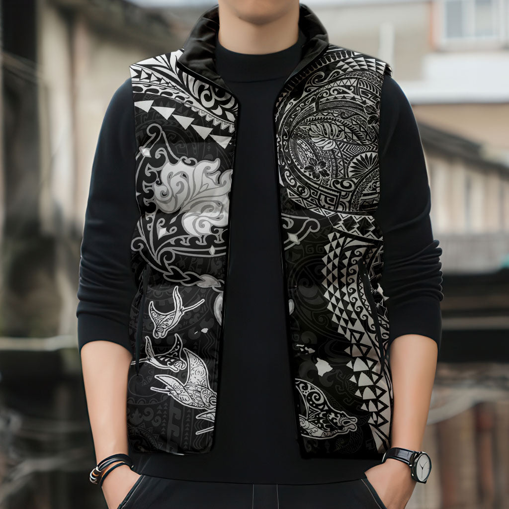 Hawaiian Manta Ray Tribal Sleeveless Puffer Jacket Polynesian Art Motifs Black Color