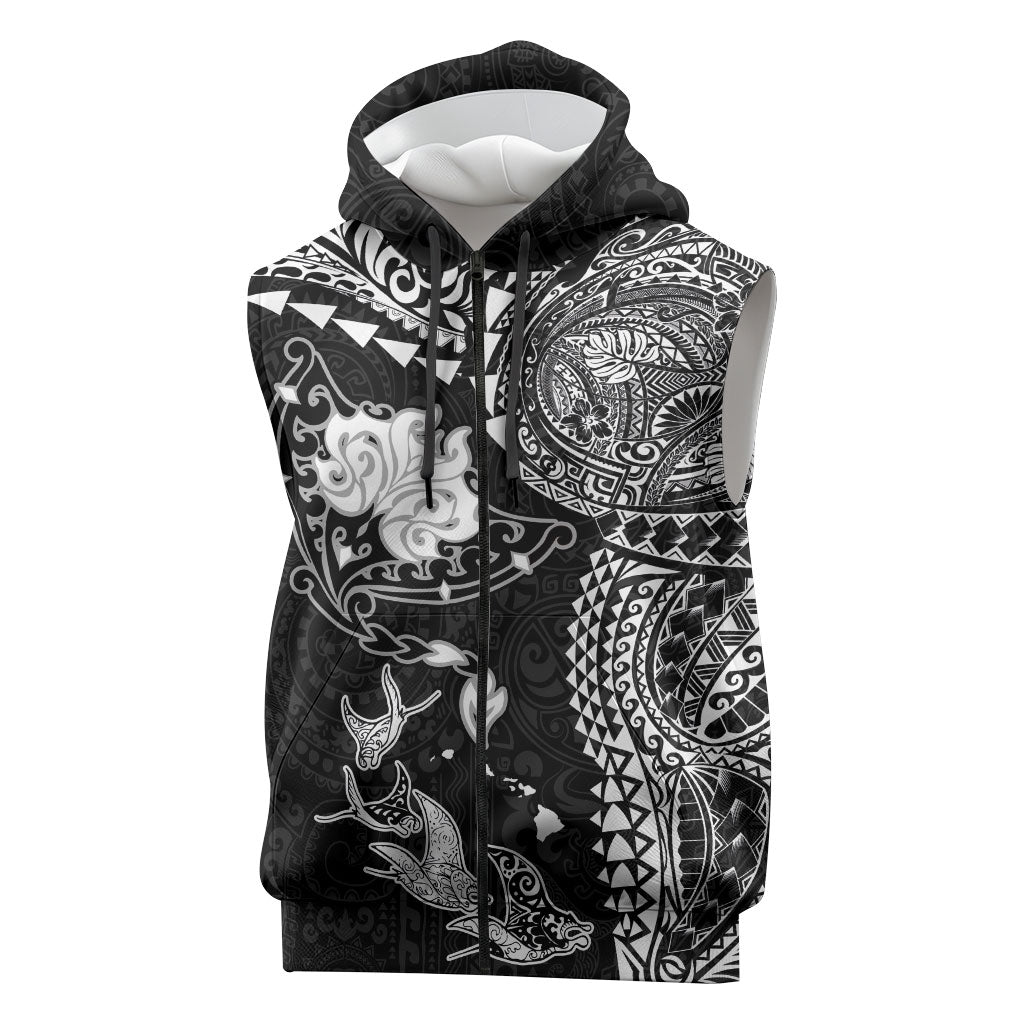Hawaiian Manta Ray Tribal Sleeveless Zip Hoodie Polynesian Art Motifs Black Color