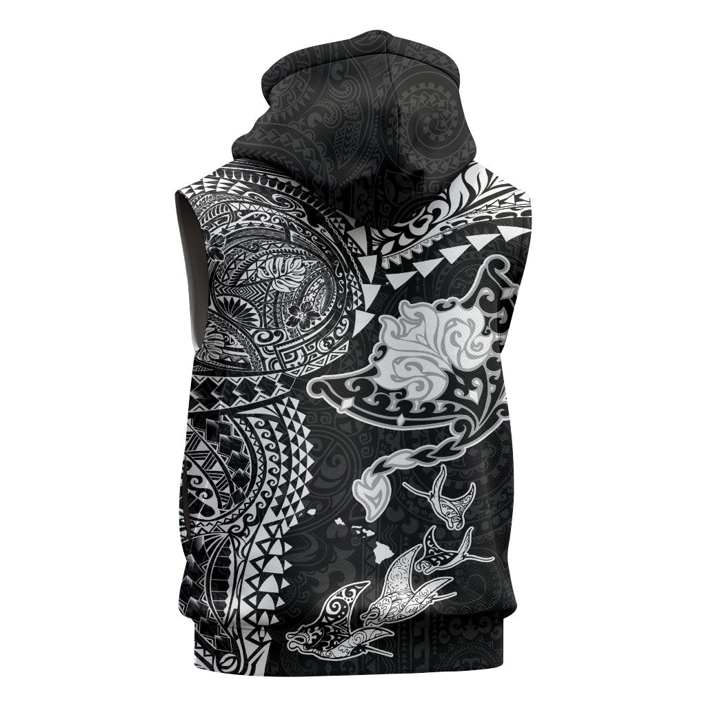 Hawaiian Manta Ray Tribal Sleeveless Zip Hoodie Polynesian Art Motifs Black Color
