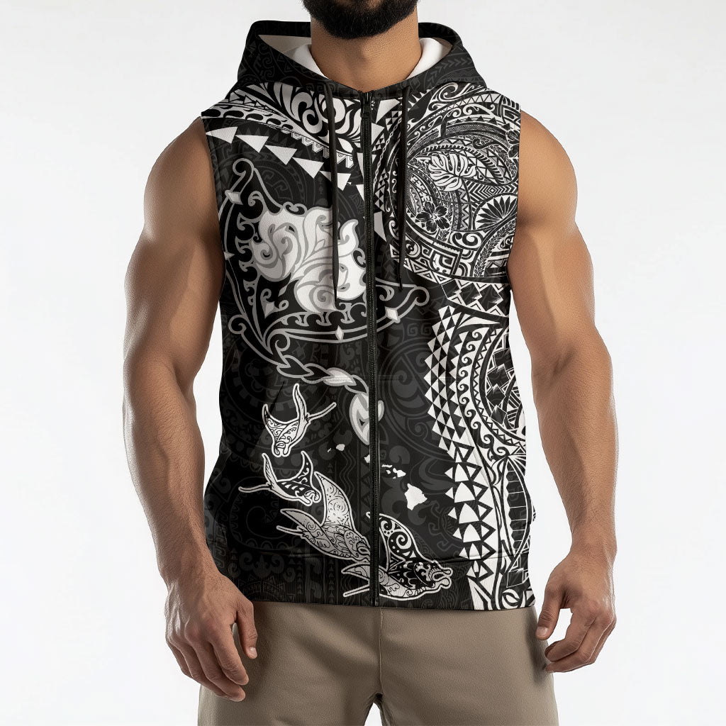 Hawaiian Manta Ray Tribal Sleeveless Zip Hoodie Polynesian Art Motifs Black Color
