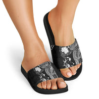 Hawaiian Manta Ray Tribal Slide Sandals Polynesian Art Motifs Black Color