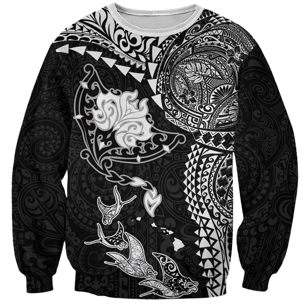 Hawaiian Manta Ray Tribal Sweatshirt Polynesian Art Motifs Black Color