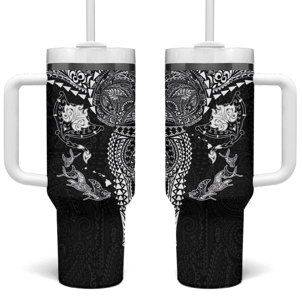 Hawaiian Manta Ray Tribal Tumbler With Handle Polynesian Art Motifs Black Color