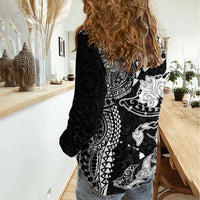 Hawaiian Manta Ray Tribal Women Casual Shirt Polynesian Art Motifs Black Color LT03 - Polynesian Pride