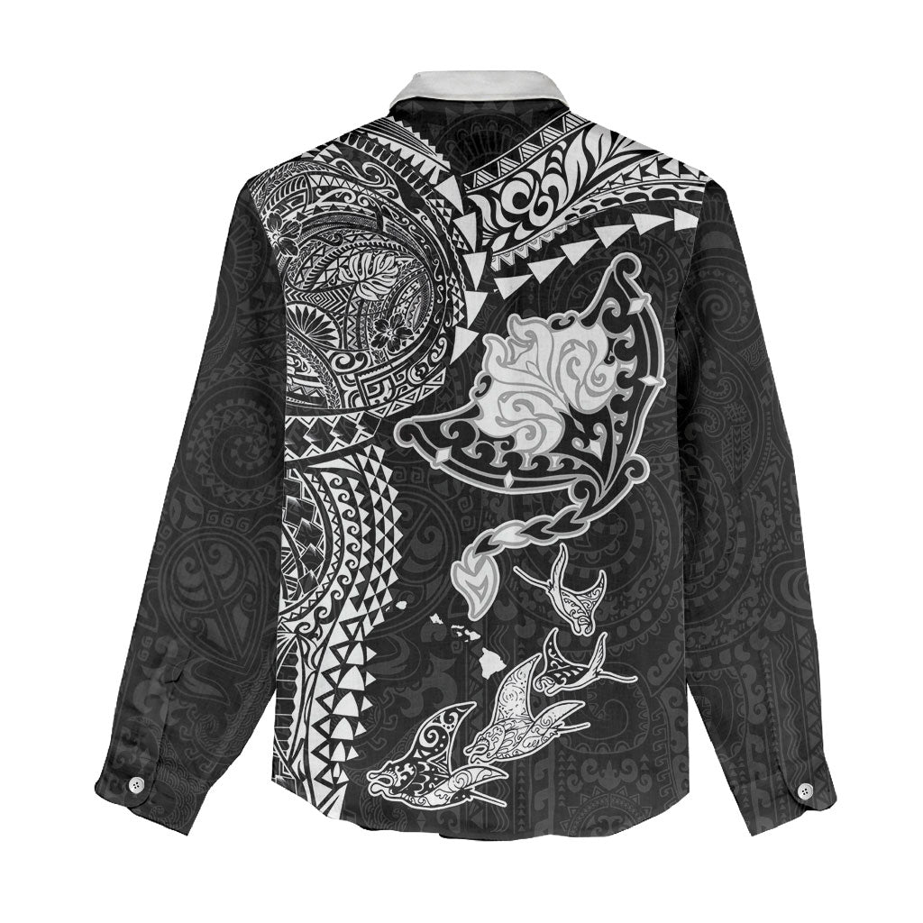 Hawaiian Manta Ray Tribal Women Casual Shirt Polynesian Art Motifs Black Color LT03 - Polynesian Pride
