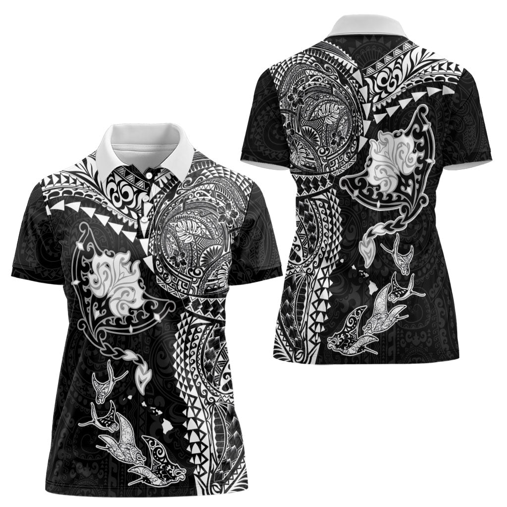 Hawaiian Manta Ray Tribal Women Polo Shirt Polynesian Art Motifs Black Color LT03 - Polynesian Pride