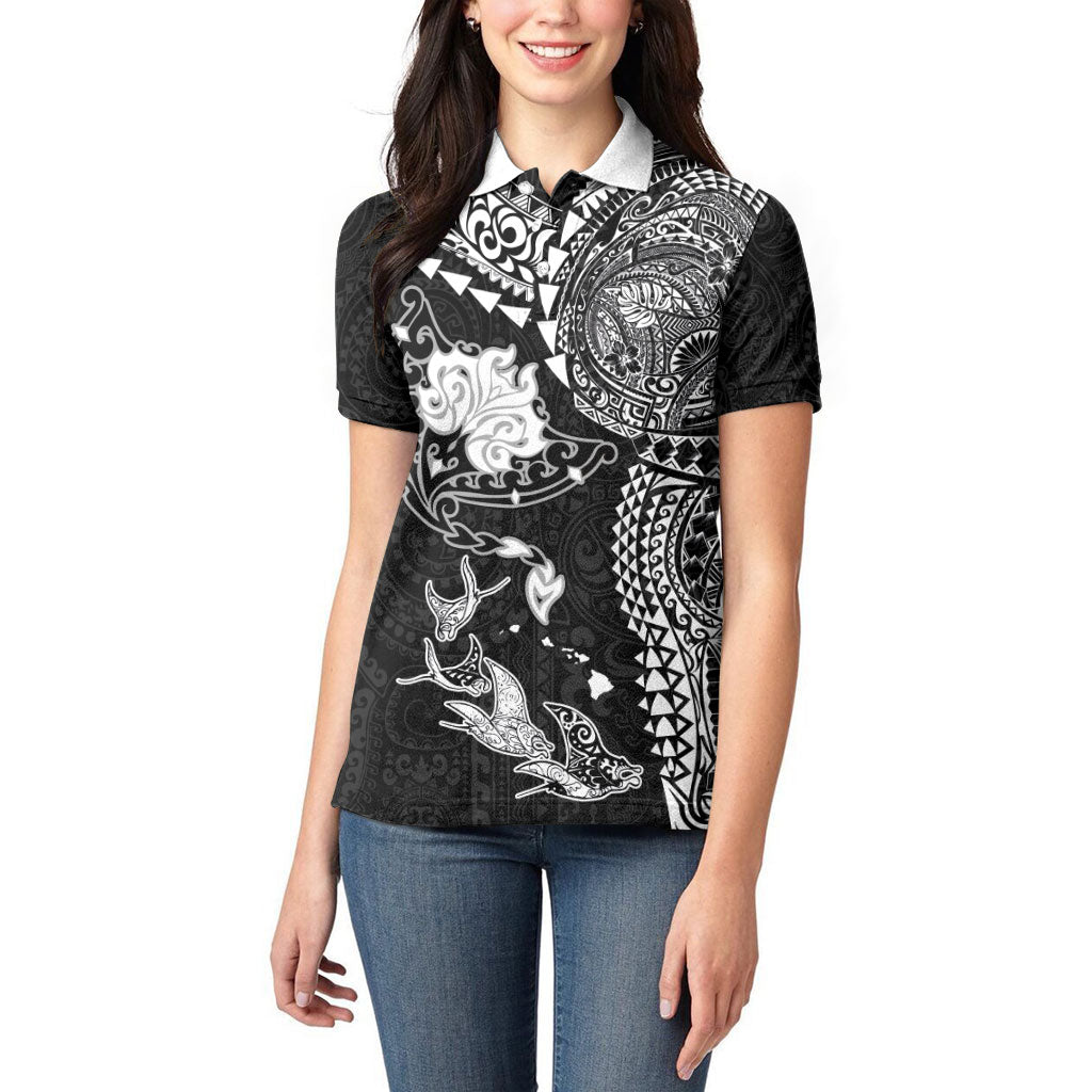 Hawaiian Manta Ray Tribal Women Polo Shirt Polynesian Art Motifs Black Color LT03 - Polynesian Pride