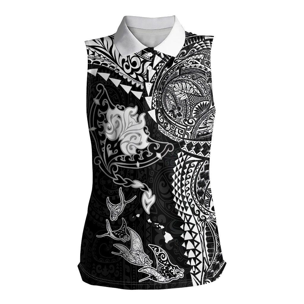 Hawaiian Manta Ray Tribal Women Sleeveless Polo Shirt Polynesian Art Motifs Black Color LT03 Female Black - Polynesian Pride