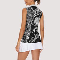 Hawaiian Manta Ray Tribal Women Sleeveless Polo Shirt Polynesian Art Motifs Black Color LT03 - Polynesian Pride