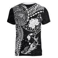 Hawaiian Manta Ray Tribal Women V-Neck T-Shirt Polynesian Art Motifs Black Color LT03 - Polynesian Pride