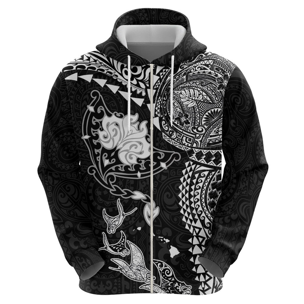 Hawaiian Manta Ray Tribal Zip Hoodie Polynesian Art Motifs Black Color