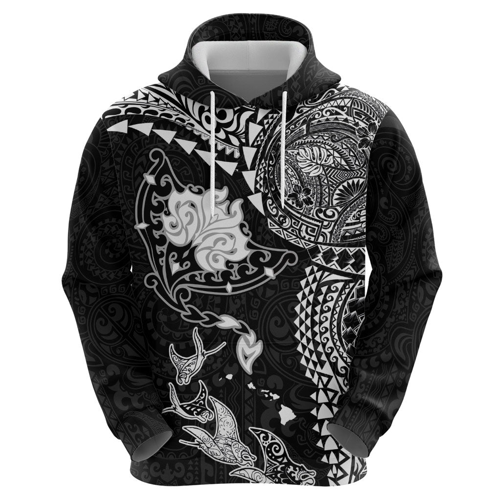Hawaiian Manta Ray Tribal Zip Hoodie Polynesian Art Motifs Black Color