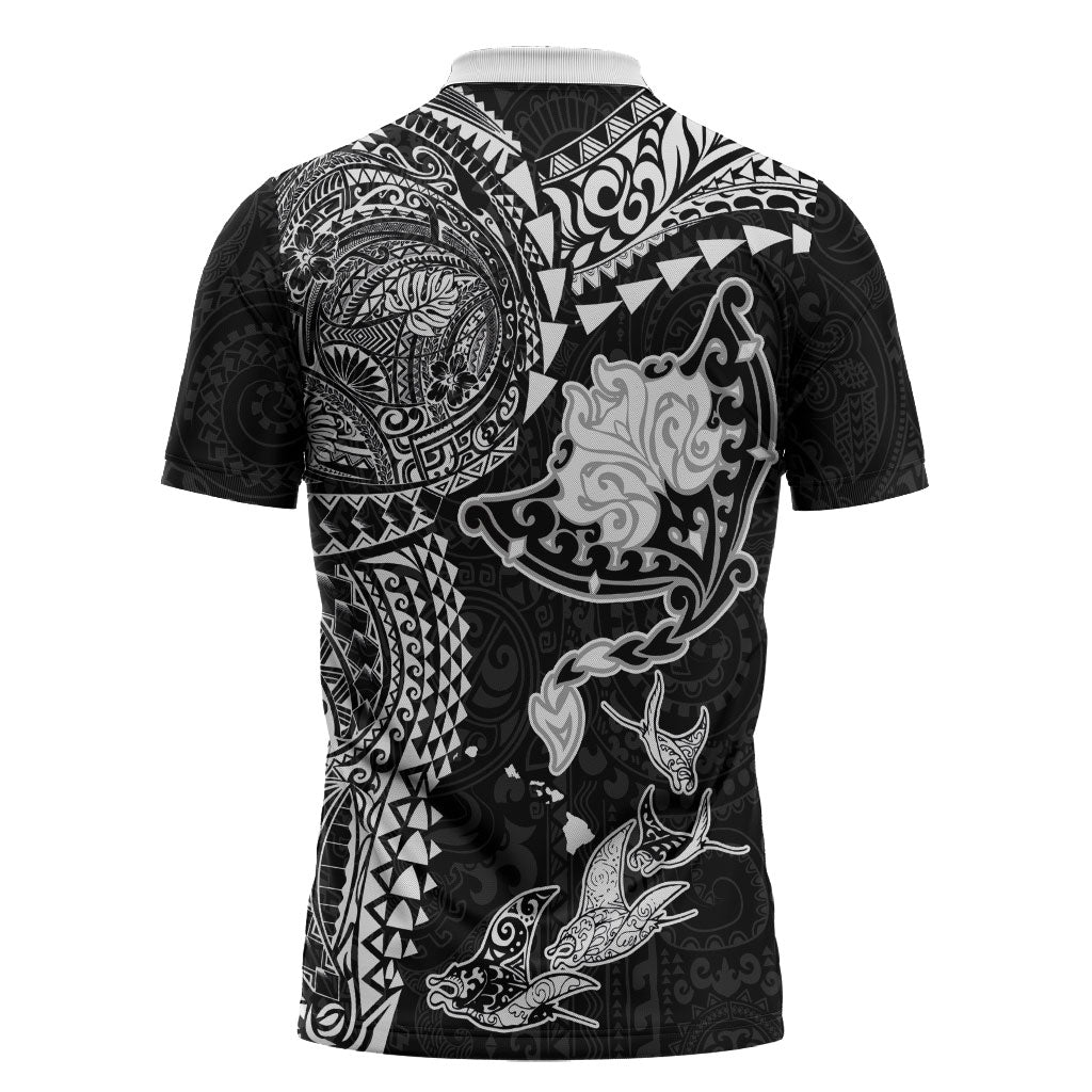 Hawaiian Manta Ray Tribal Zipper Polo Shirt Polynesian Art Motifs Black Color