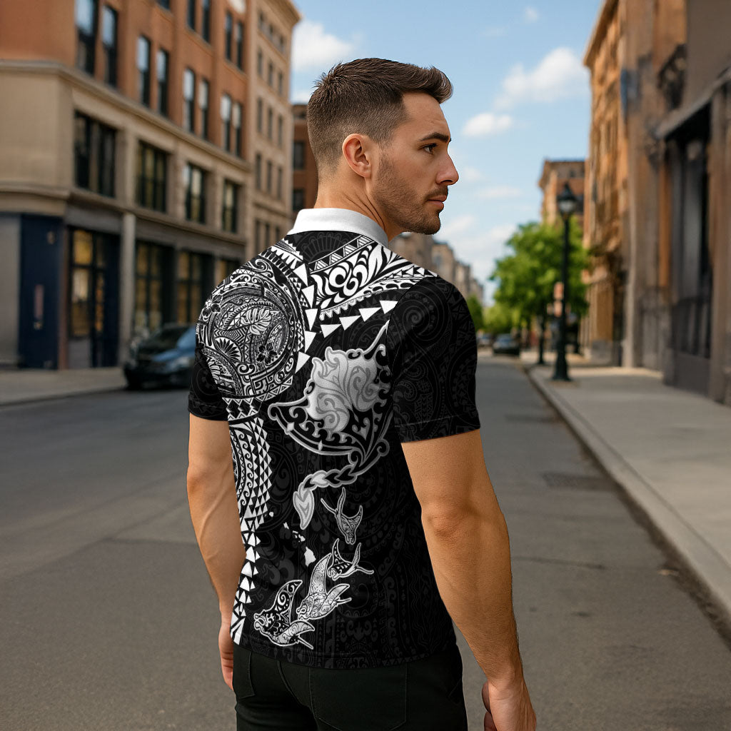 Hawaiian Manta Ray Tribal Zipper Polo Shirt Polynesian Art Motifs Black Color