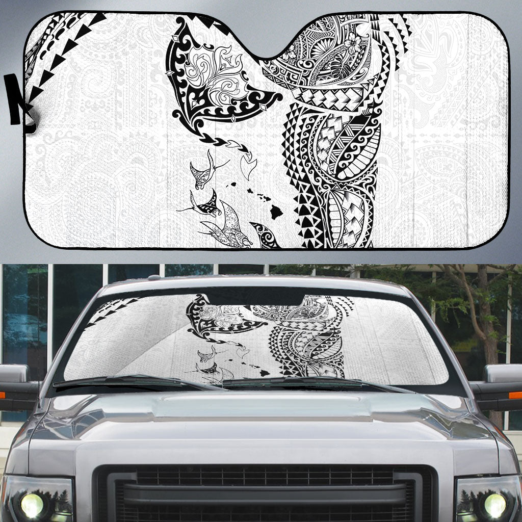 Hawaiian Manta Ray Tribal Auto Sun Shade Polynesian Art Motifs White Color